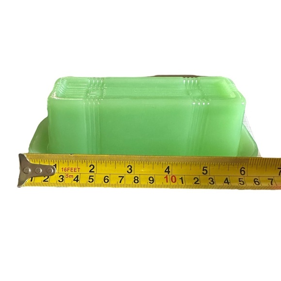TPC Jadeite Butter Dish Green Glass Covered Tray Criss Cross Striped Retro - Picture 7 of 9